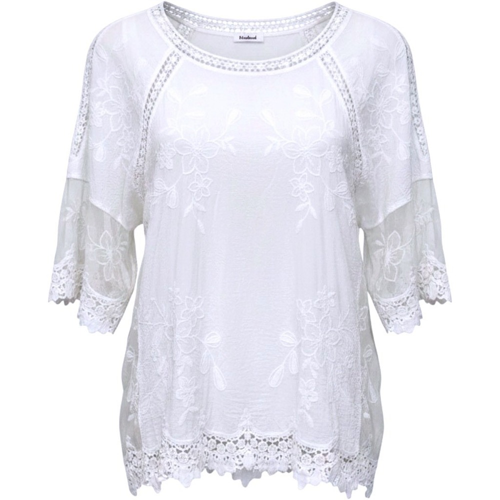 Kindred White Embroidered Lace Blouse Crochet Trim Floral Mesh Sleeve Top Medium